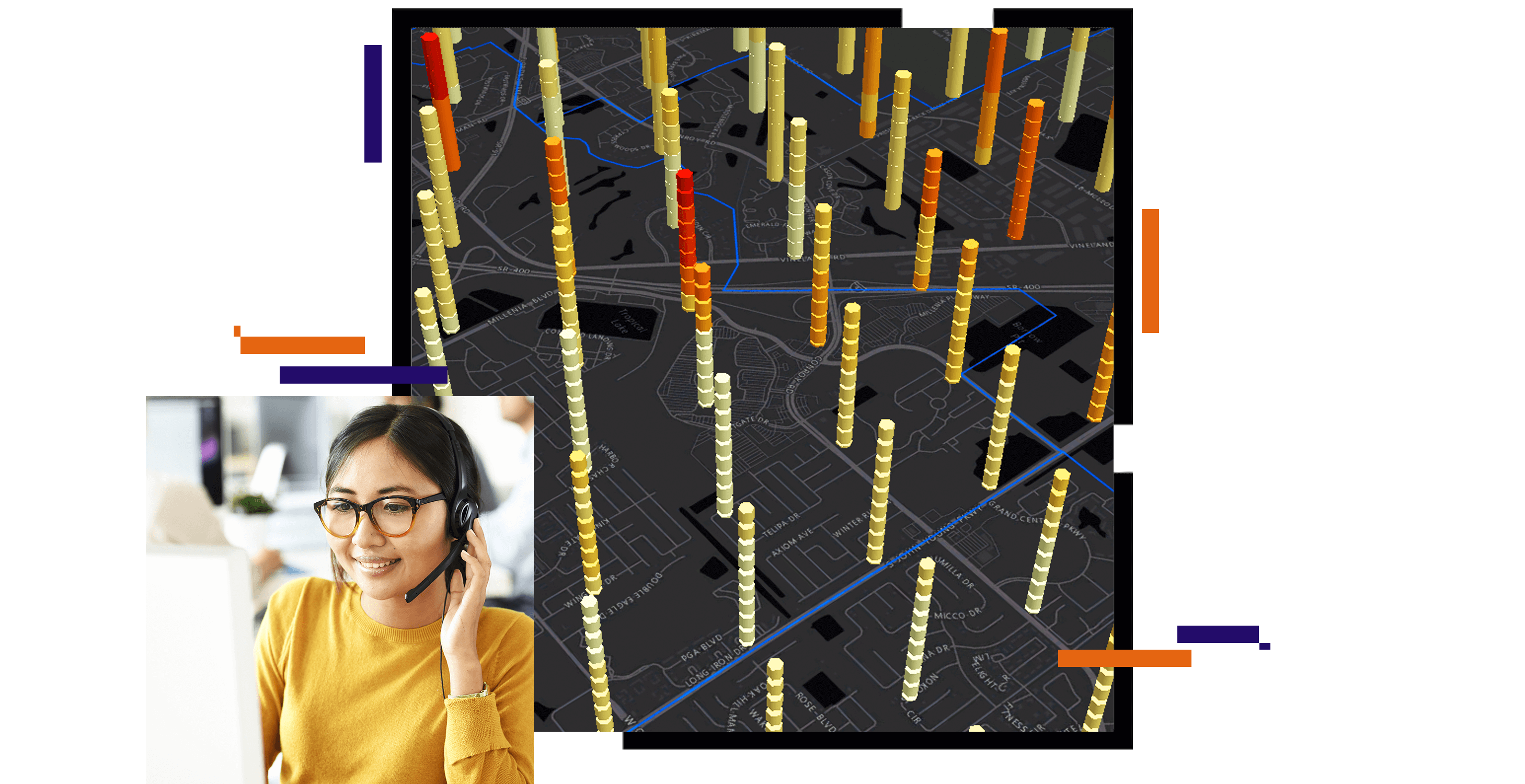 Mapa de concentración en gris oscuro con puntos mostrados como barras amarillas que surgen de la superficie del mapa, junto a una foto de una persona sonriente con cuello alto amarillo que mira la pantalla de un ordenador y lleva unos auriculares