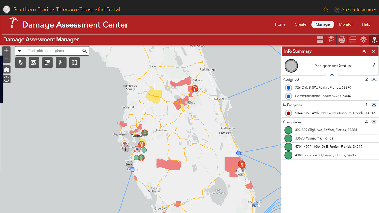 Mapa del centro de evaluación de daños de Florida