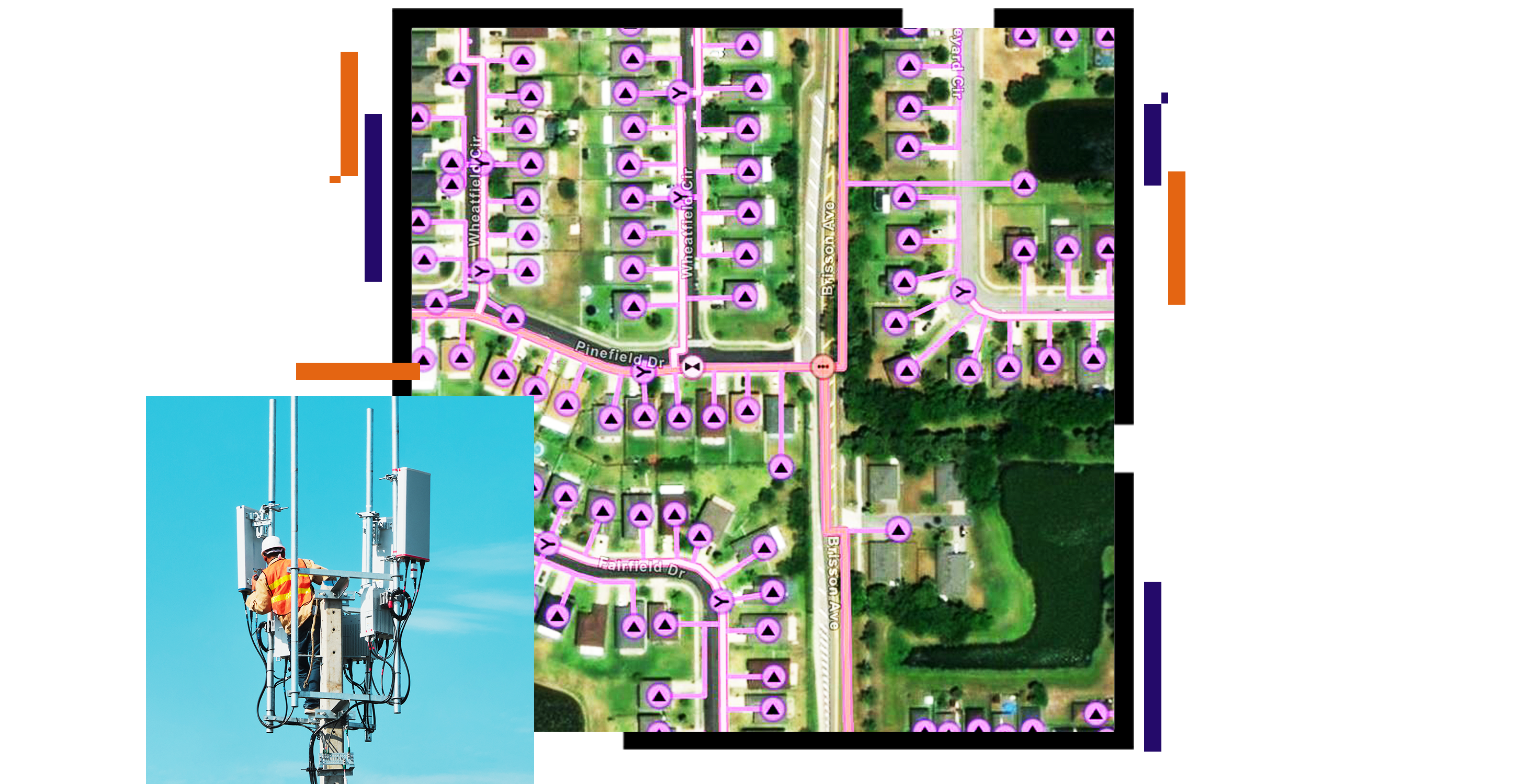 An aerial photo of a green tree-filled neighborhood with streets and houses marked in purple, overlaid with a photo of a cellular base station against a clear blue sky