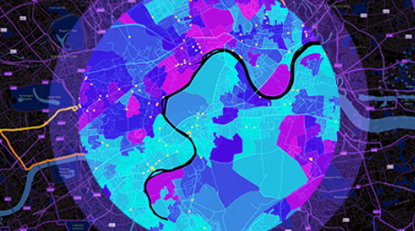 A graphic of an abstract globe in purple, pink, and aqua, set against a stylized street map in pink against a black background