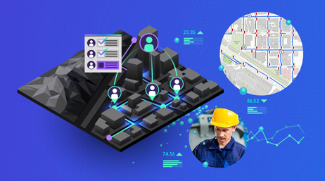 A graphic against a royal blue background, with a small 3D modeled city in gray, a portion of a gray city map in a circular border, and a small photo of a utility worker in a hardhat