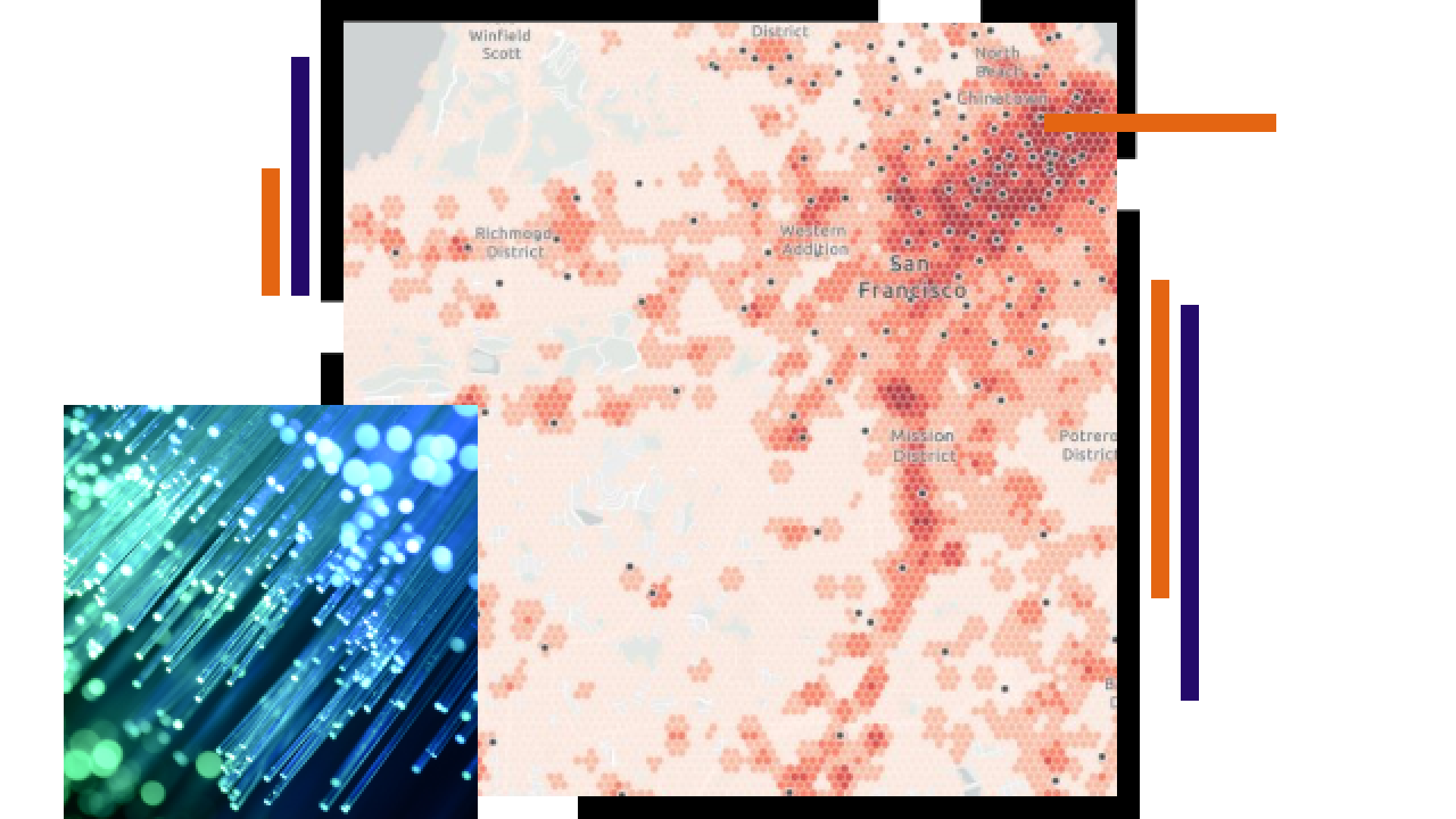 Carte du réseau de fibre des télécommunications de San Francisco avec des points rouges