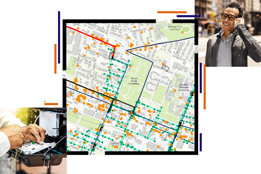 Mapa miasta z rozrzuconymi punktami w kolorze zielonym i pomarańczowym z nałożonym zdjęciem osoby stojącej na ulicy miasta z telefonem komórkowym przy uchu oraz zdjęcie pary rąk pracujących przy układzie scalonym