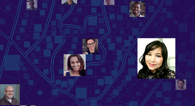 A composite image with a number of small portrait photos of smiling people scattered across a background patterned with a stylized residential street map in dark and light blue