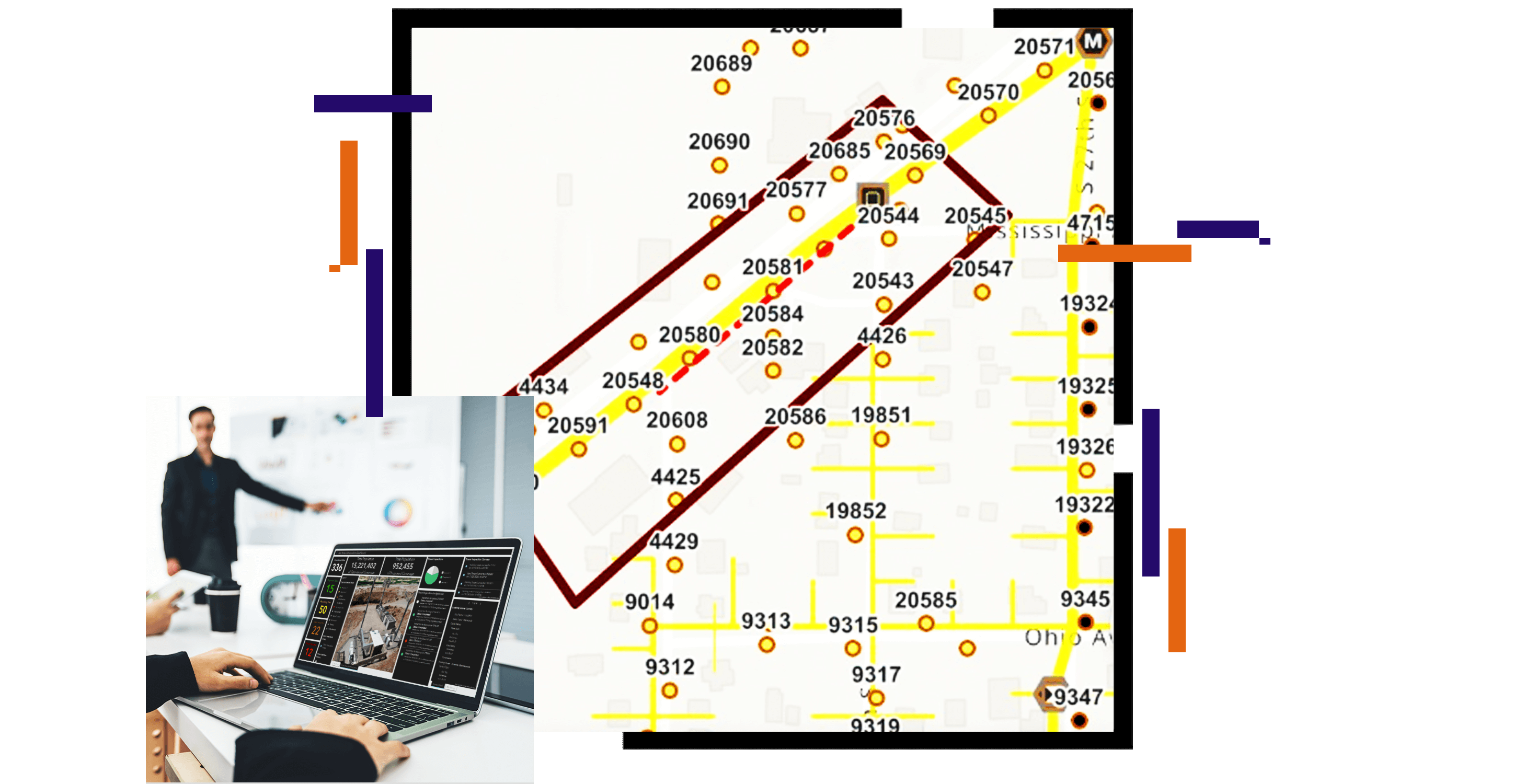 A street map in yellow and white dotted with numbered red points, beside a photo of a person using a laptop in a modern conference room while a man in a suit is presenting