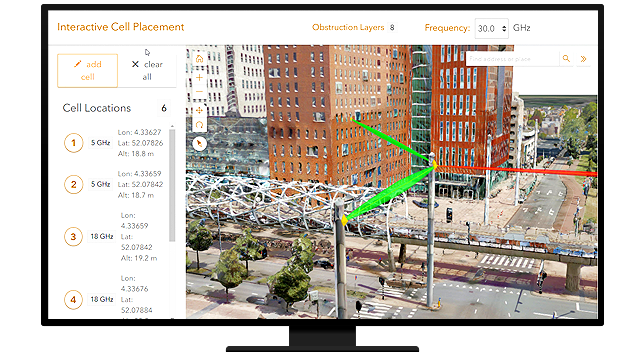 Imagen de una pantalla de que muestra un tablero de mapas con una foto de una escena de la ciudad con líneas de telecomunicaciones resaltadas en verde y rojo