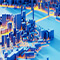 A computer-generated city model with many skyscrapers in blue and gold