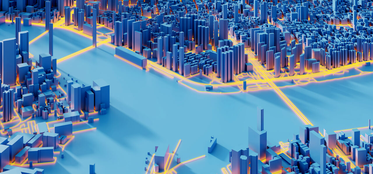 3D-Darstellung einer Stadt am See mit blauen Wolkenkratzern und orange leuchtenden Straßen