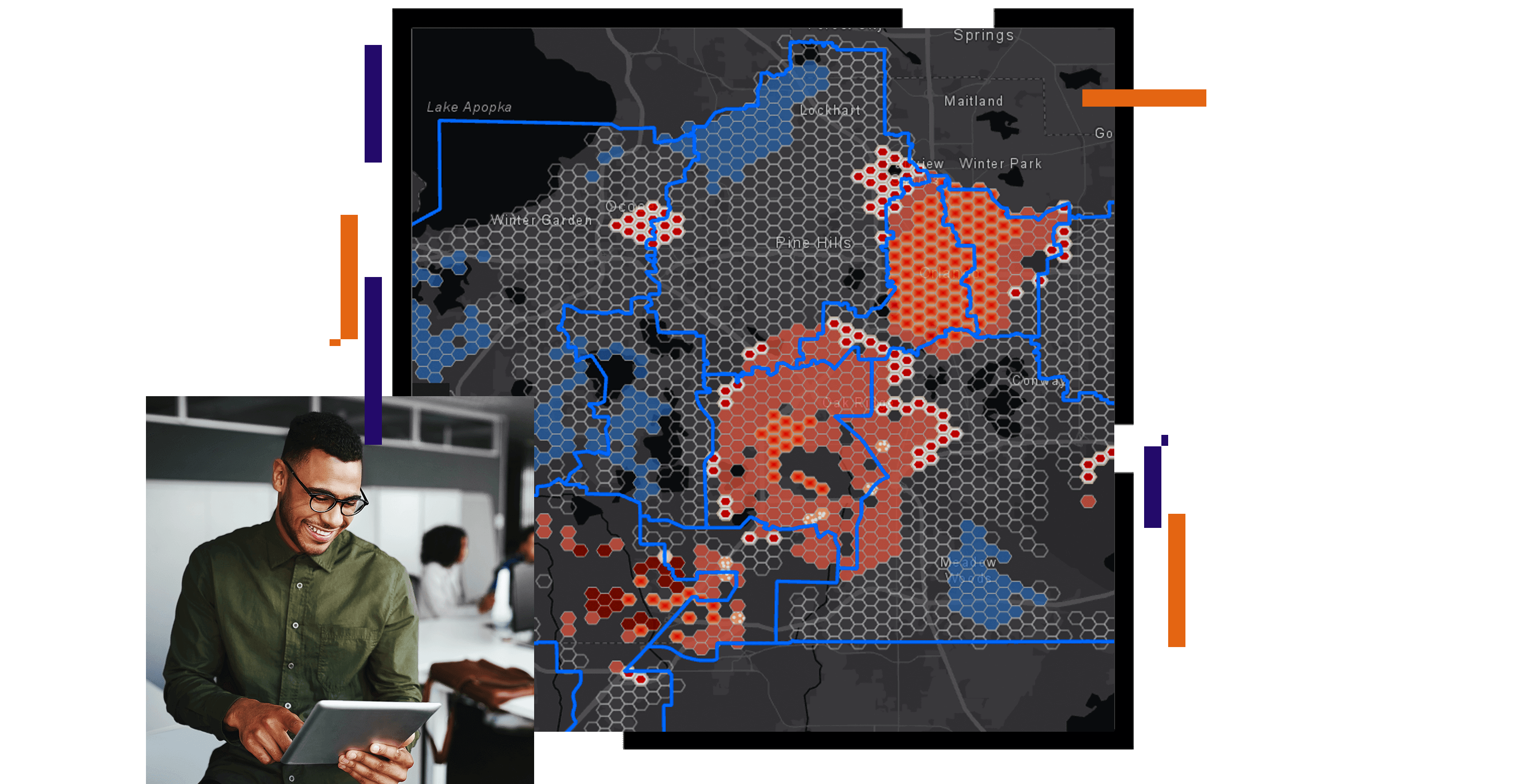 A gray state map layered with a hexagonal grid in blue and orange, beside a photo of a smiling person in a green collared shirt holding a tablet in a gray office