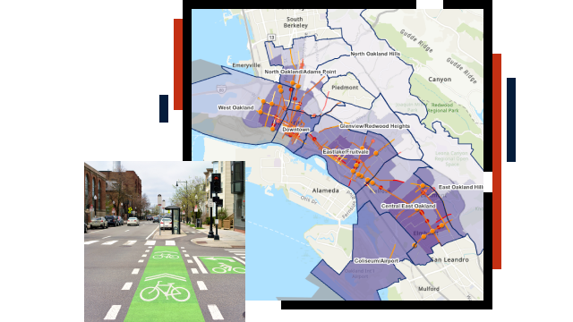 Oakland Department of Transportation map that shows disparities, in the foreground a street with a green painted bike lane 