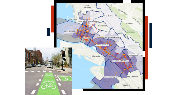 Mapa do Departamento de Transportes de Oakland que mostra as disparidades, em primeiro plano uma rua com uma ciclovia pintada de verde 