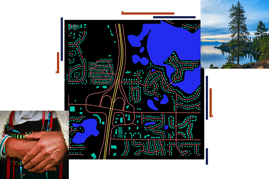Mapas con calles y parcelas, persona con las manos unidas, árbol alto junto a un lago 