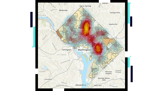 A heat map of Washington in pastel shades of pale yellow and green with red and orange 