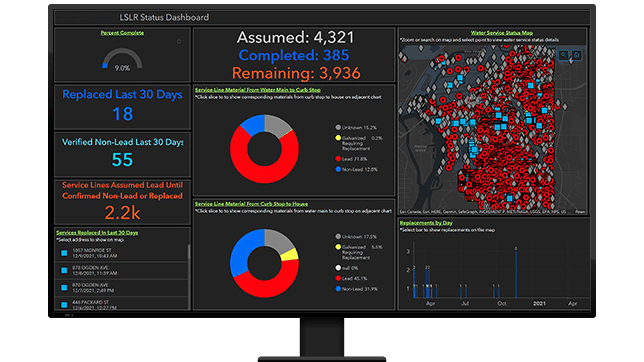 A graphic of a computer monitor displaying a map dashboard in red and blue on a black background