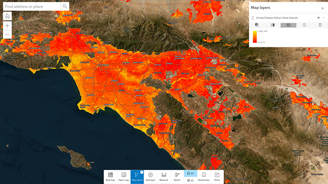 Una mappa della California meridionale con una grande regione sfumata di rosso e giallo