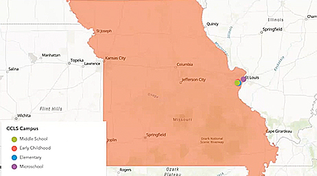 Una mappa con il Missouri evidenziato in arancione trasparente con punti verdi e viola posizionati vicino a St. Louis sovrapposti a un pulsante di riproduzione