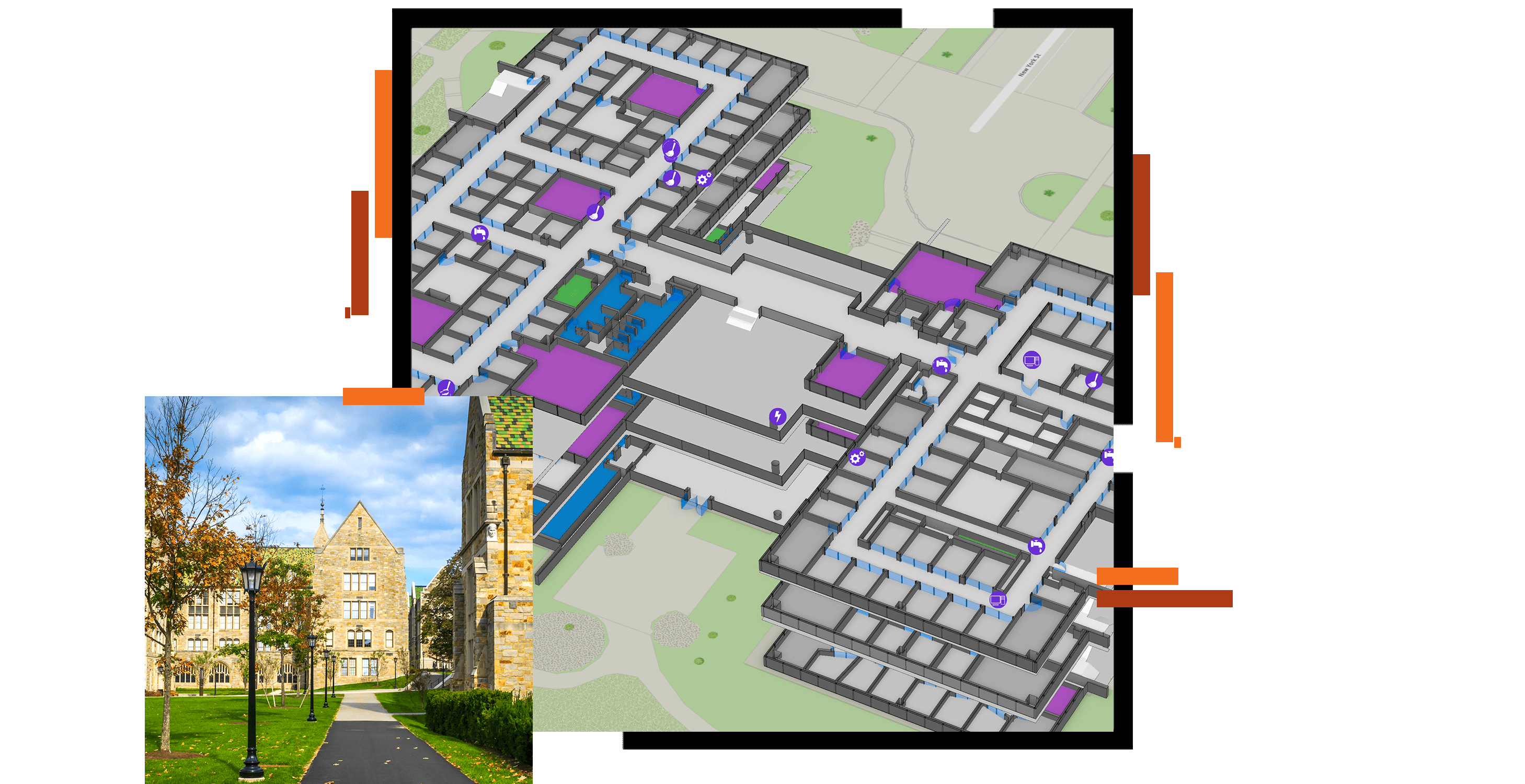 A map visualizing indoor data for a large, multistory building overlaid with an image of a walking path surrounded by grass, light posts, and old stone buildings