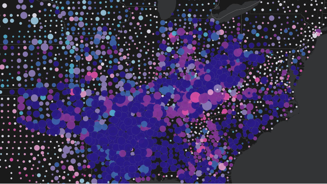 A cluster map of the eastern United States displaying concentrations of data with circles of different sizes and colors 