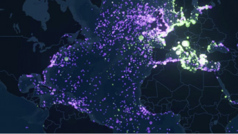A map displaying different concentrations of data with illuminated purples and greens