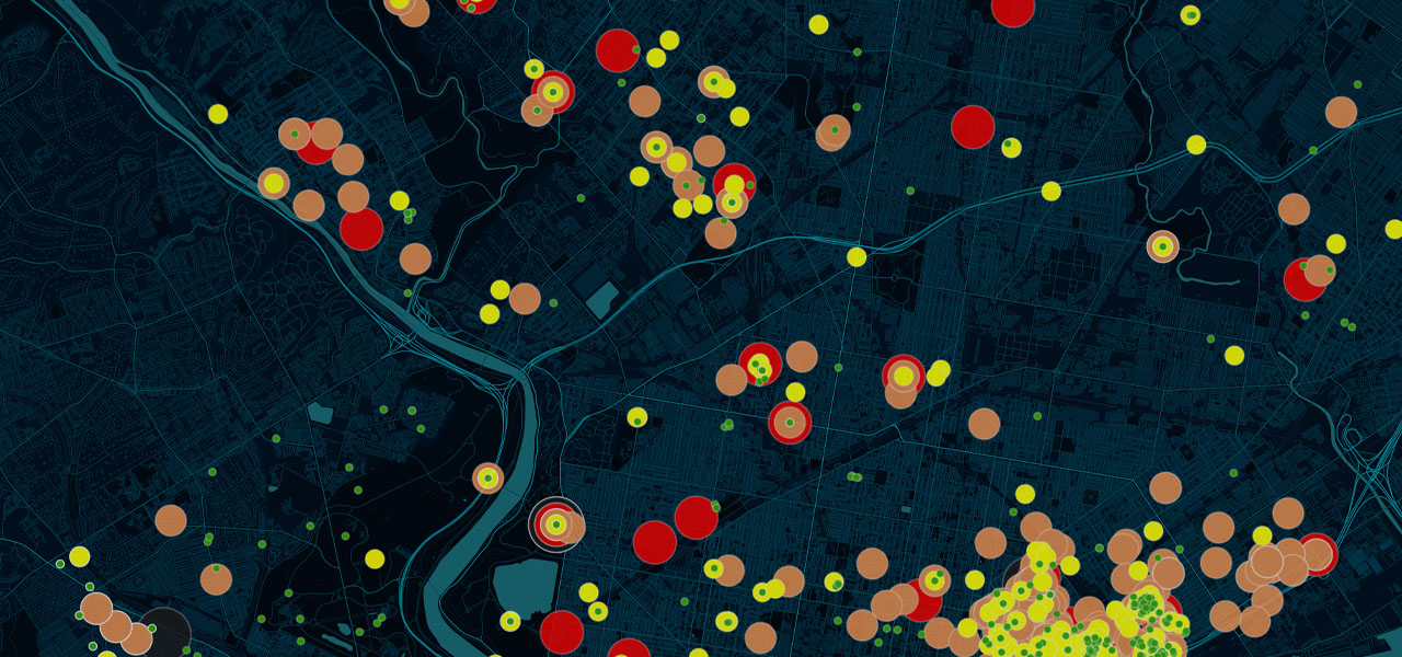 Mapa z żółtymi, pomarańczowymi i czerwonymi okręgami