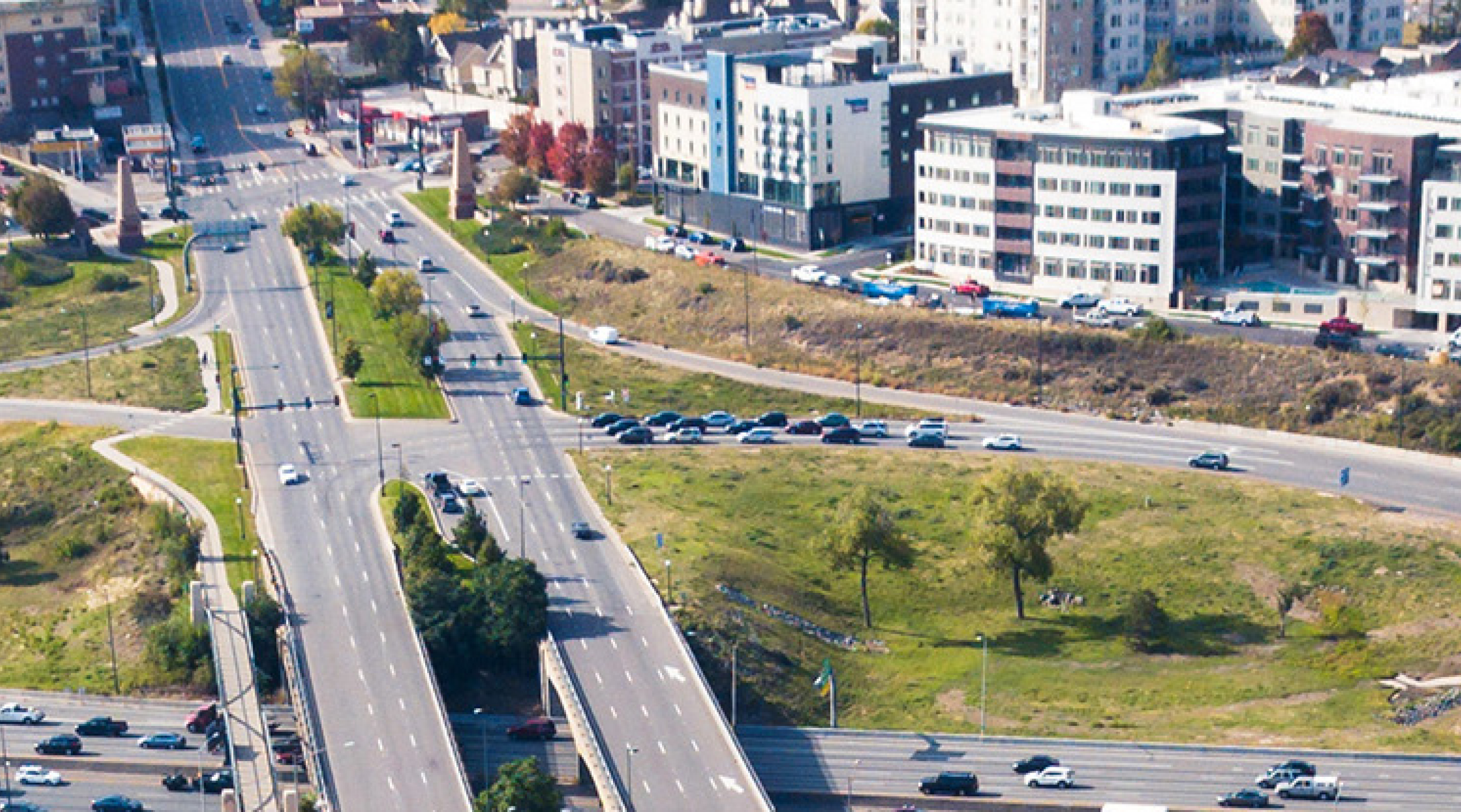Aerial view of a roadway near buildings
