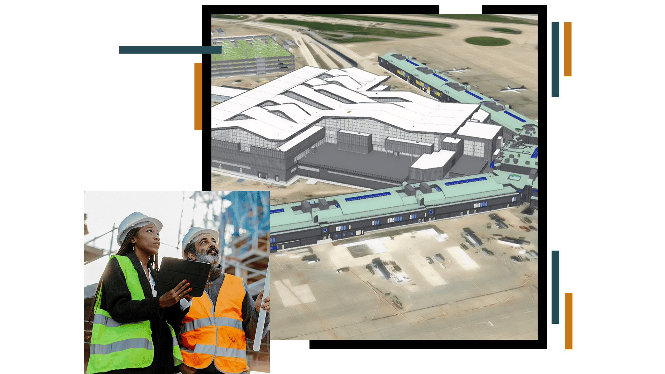A detailed 3D rendering of a large building, a crane, and two people in hard hats and safety vests reviewing a tablet