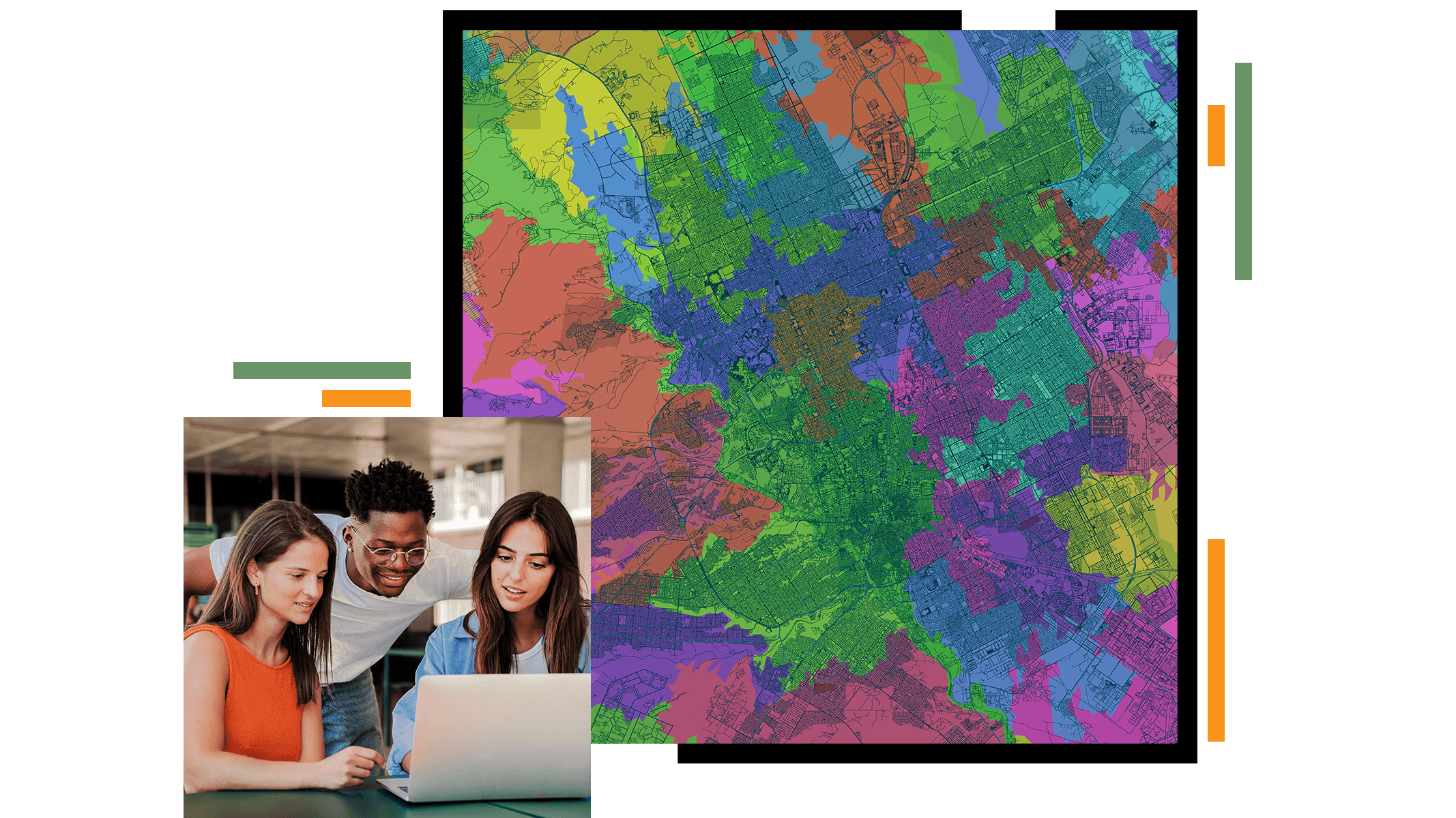 Color-coded map with neighborhood boundaries paired with three people reviewing a laptop