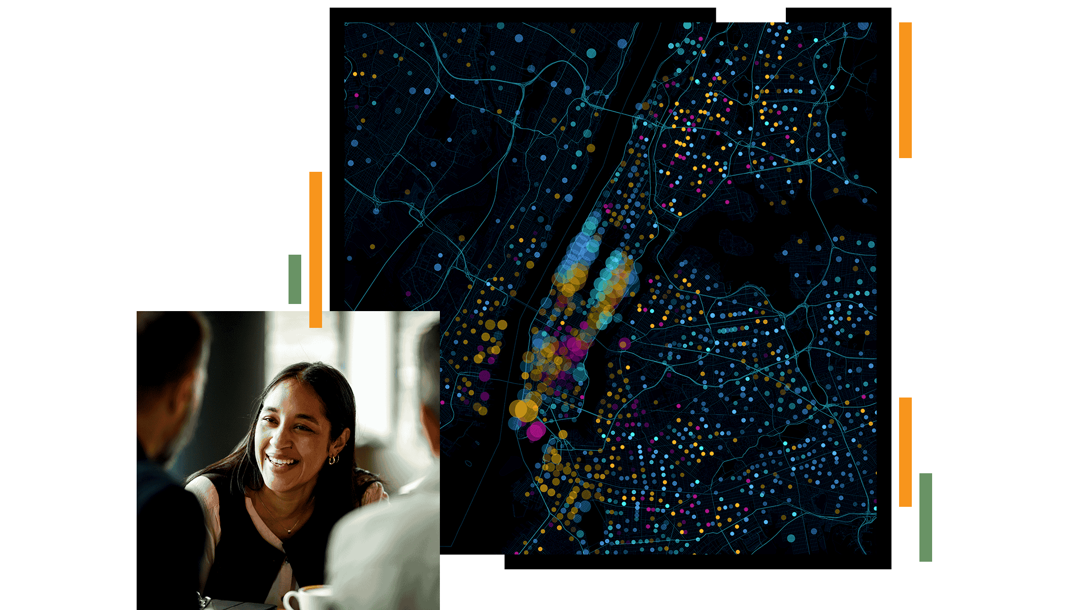 The image combines a blurred business meeting scene with a vibrant digital city map visualization. 