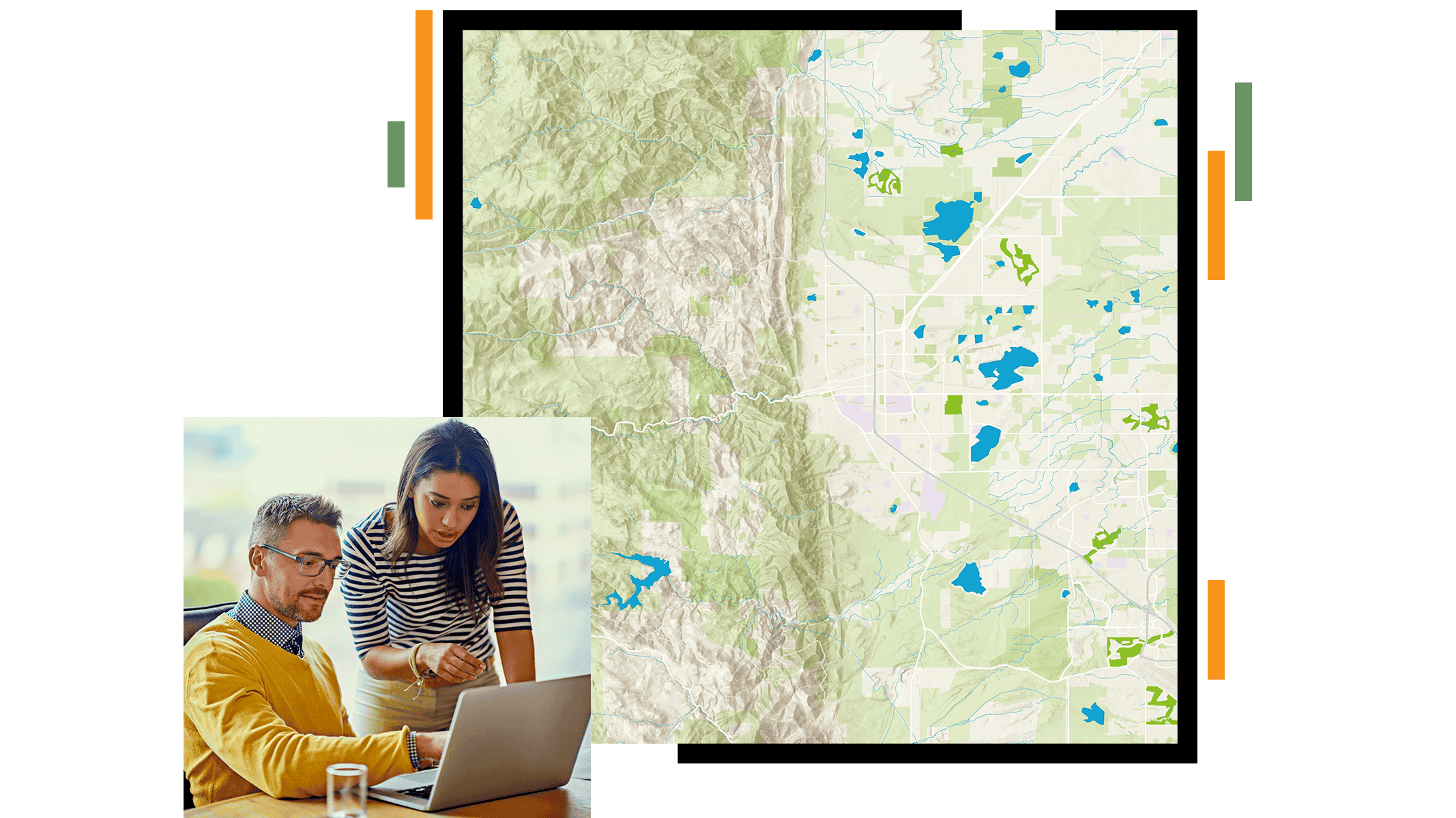 Detailed map with terrain and water features alongside two people reviewing work on a laptop