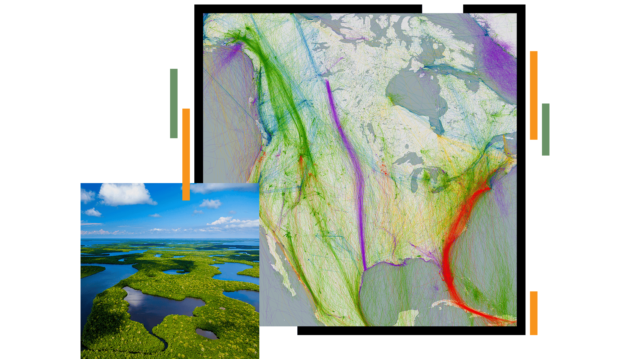 A vibrant data visualization map of North America is overlaid with multicolored lines indicating routes or flows. 