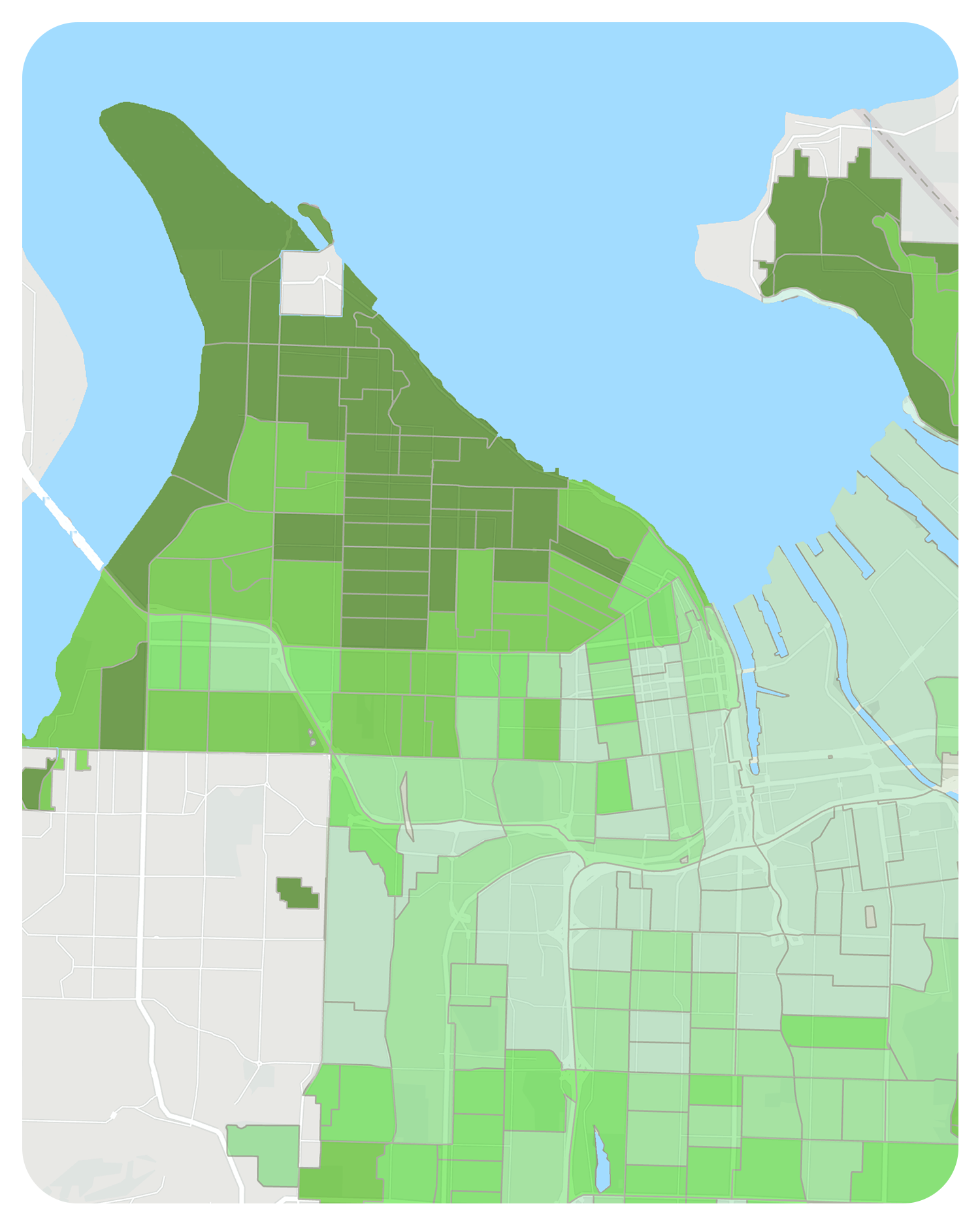 Mapa de una zona costera con terrenos segmentados por diferentes tonos de verde 