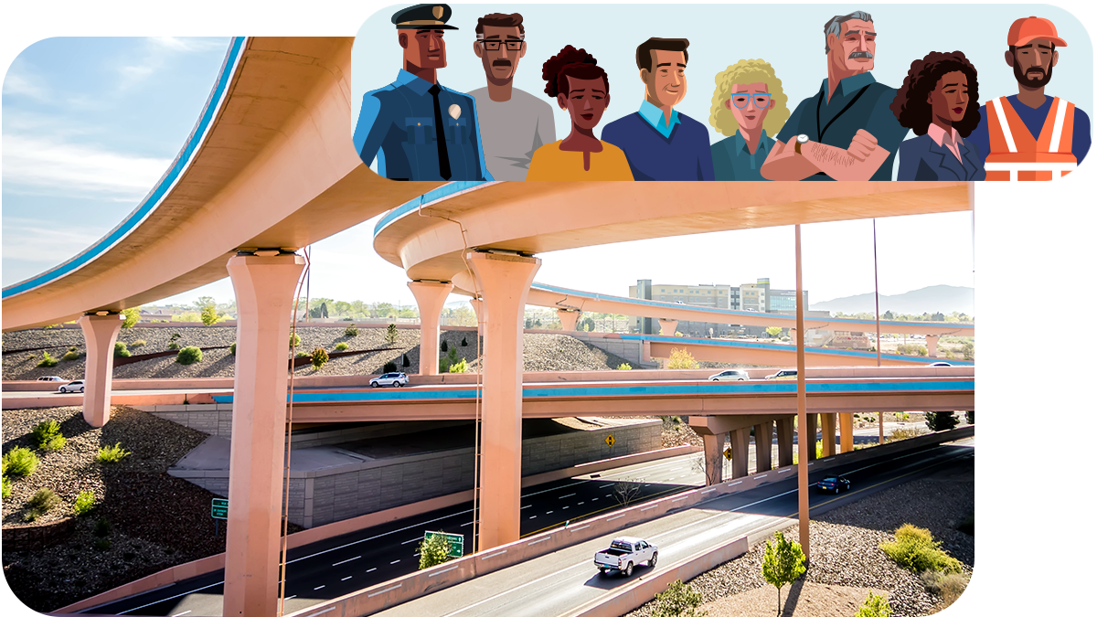 A freeway interchange overlaid with an illustrated, diverse group of people 