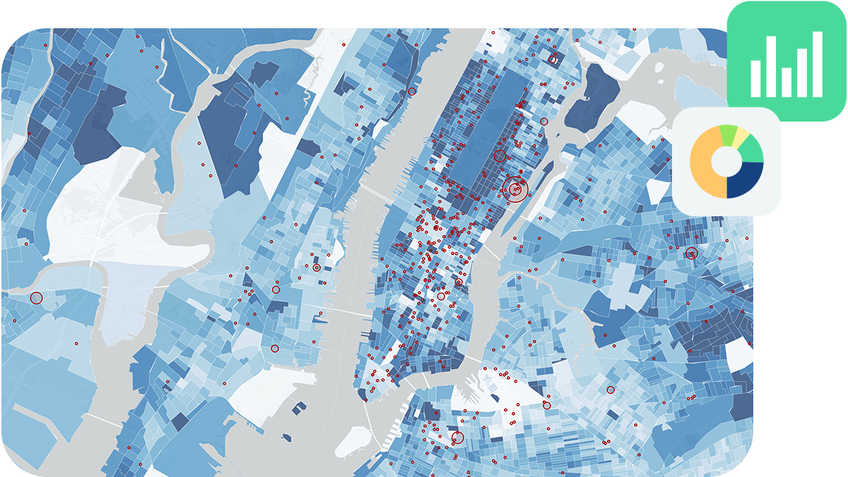 A map of New York City and the surrounding area segmented by different shades of blue overlaid with two graph icons 