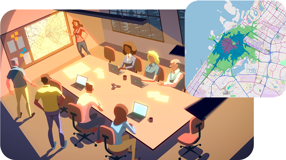 Illustrated people in an office participating in a meeting overlaid with an image of a map 
