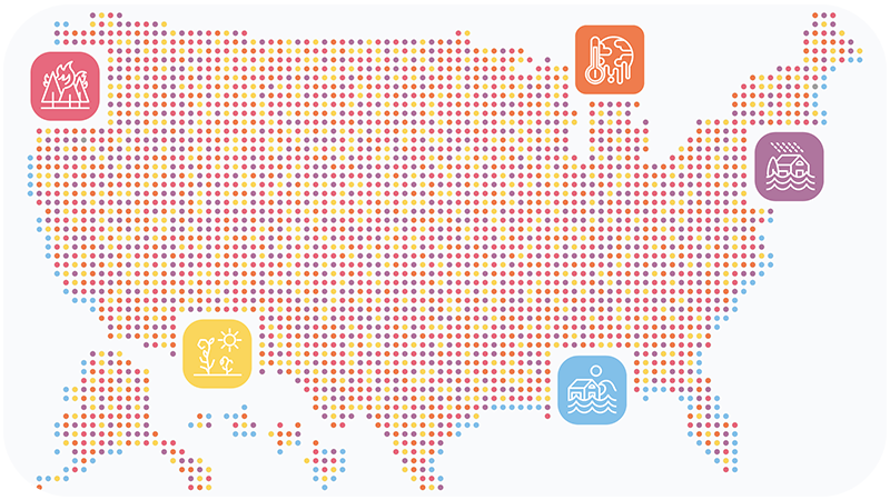 An illustration of the United States covered in small dots and overlaid with small, illustrated icons of different colors