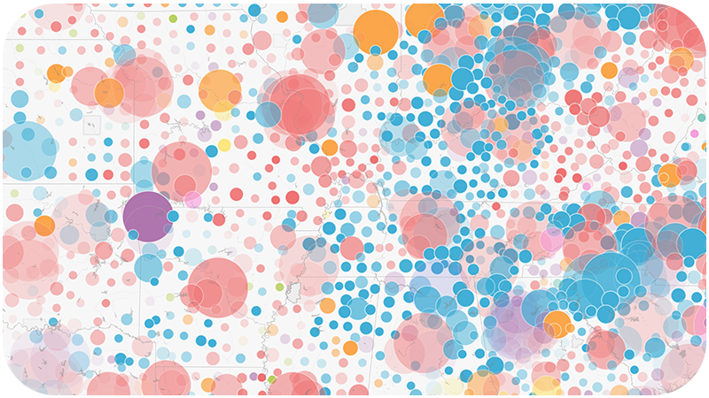A map identifying clusters of data with circles of different sizes and colors