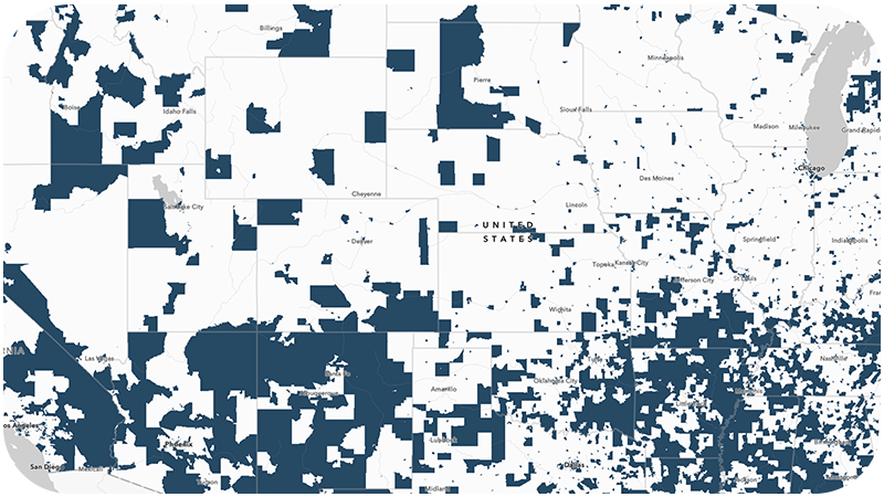 A map displaying areas of the United States that are disadvantaged shaded in dark blue