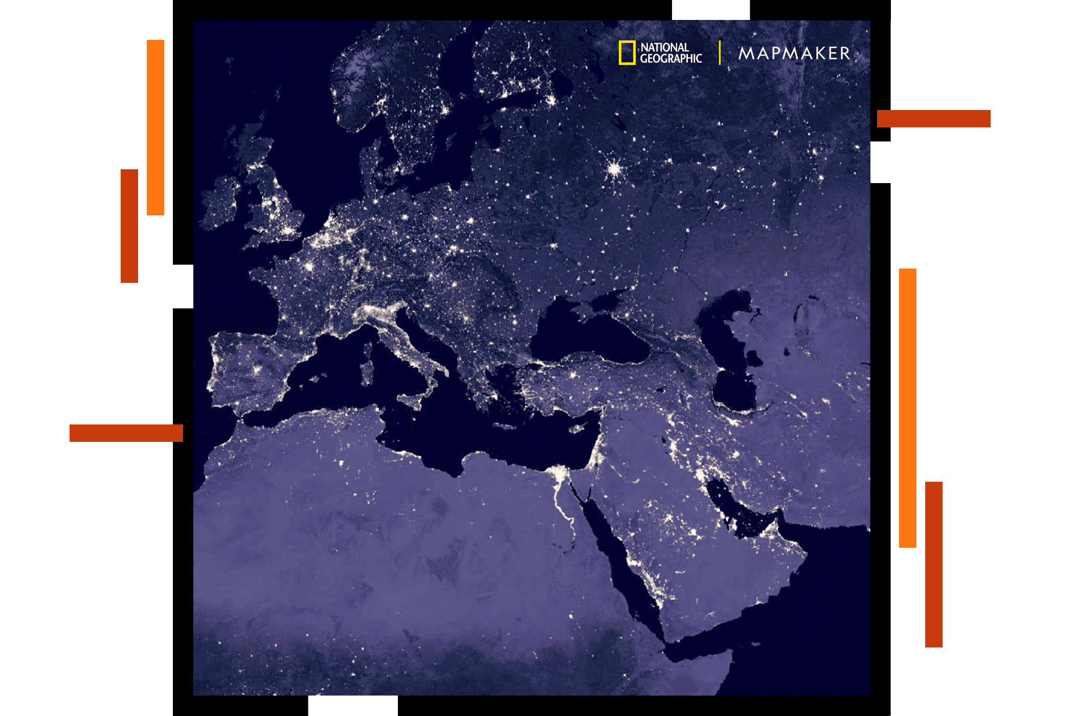 A map of Europe and northern Africa shaded in hues of purple overlaid with sparkling data points
