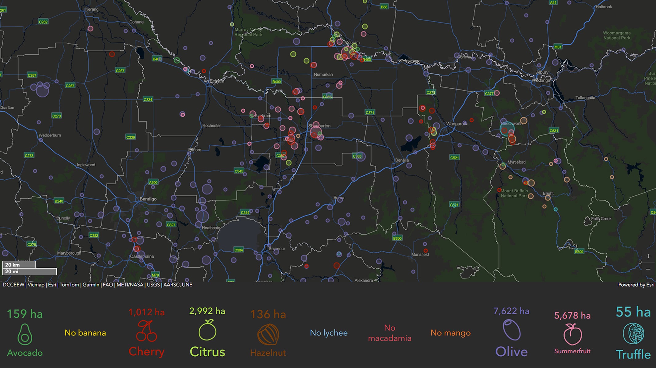 A dark-themed map showing roads, locations, and geographic data points across a region