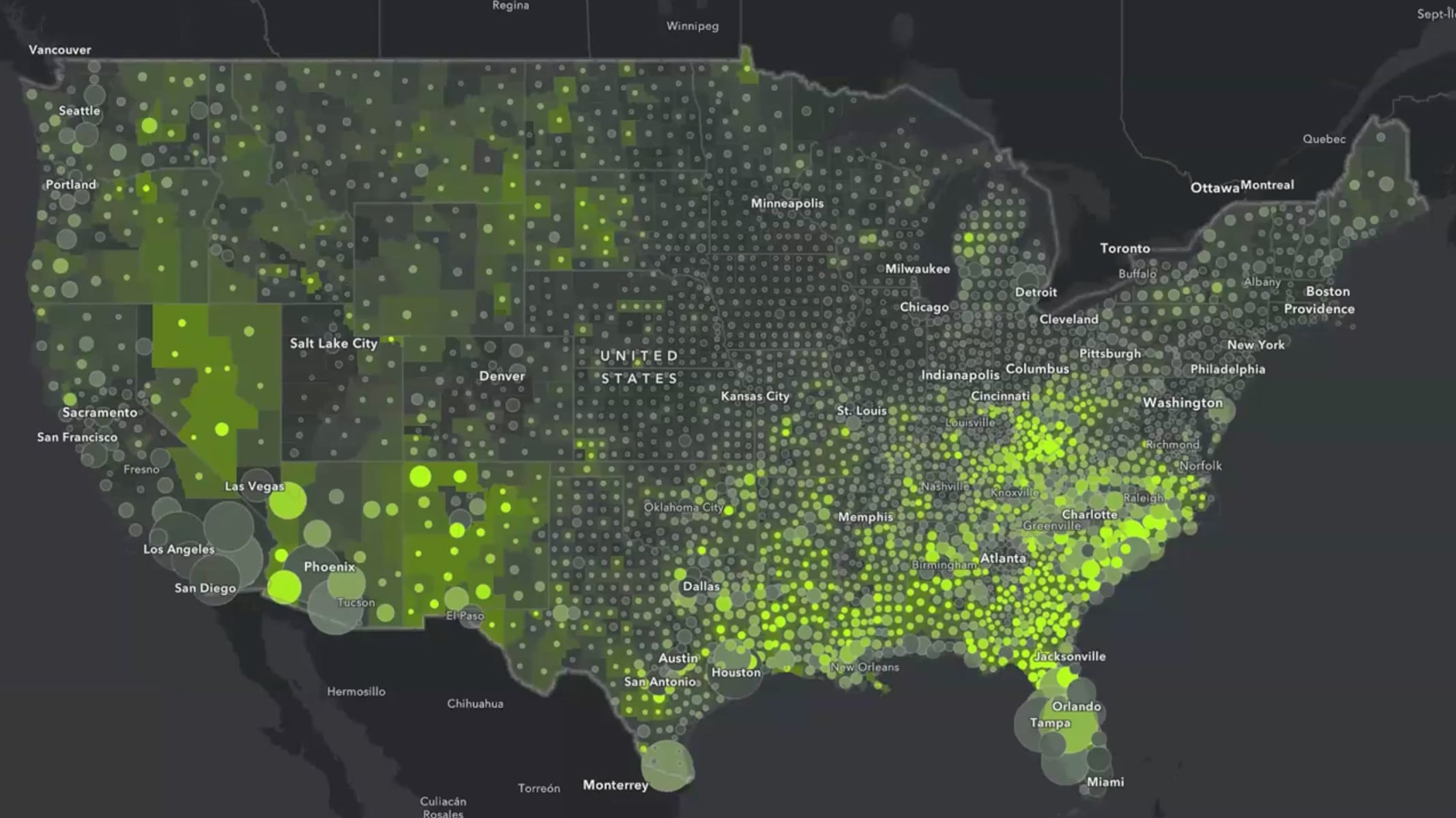 A map of the United States with dense green data points and highlighted areas across the country