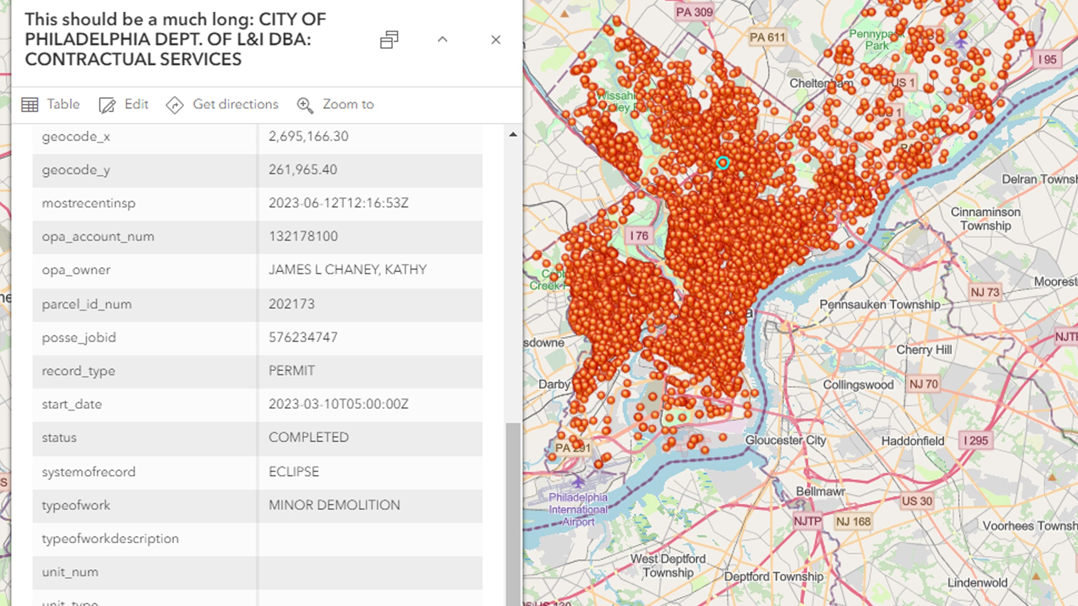 A map showing numerous collected data points and field locations across a city next to a data table