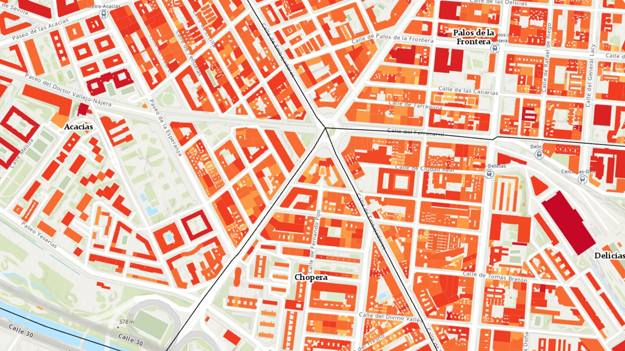 An abstract city map with buildings and streets highlighted in orange and white