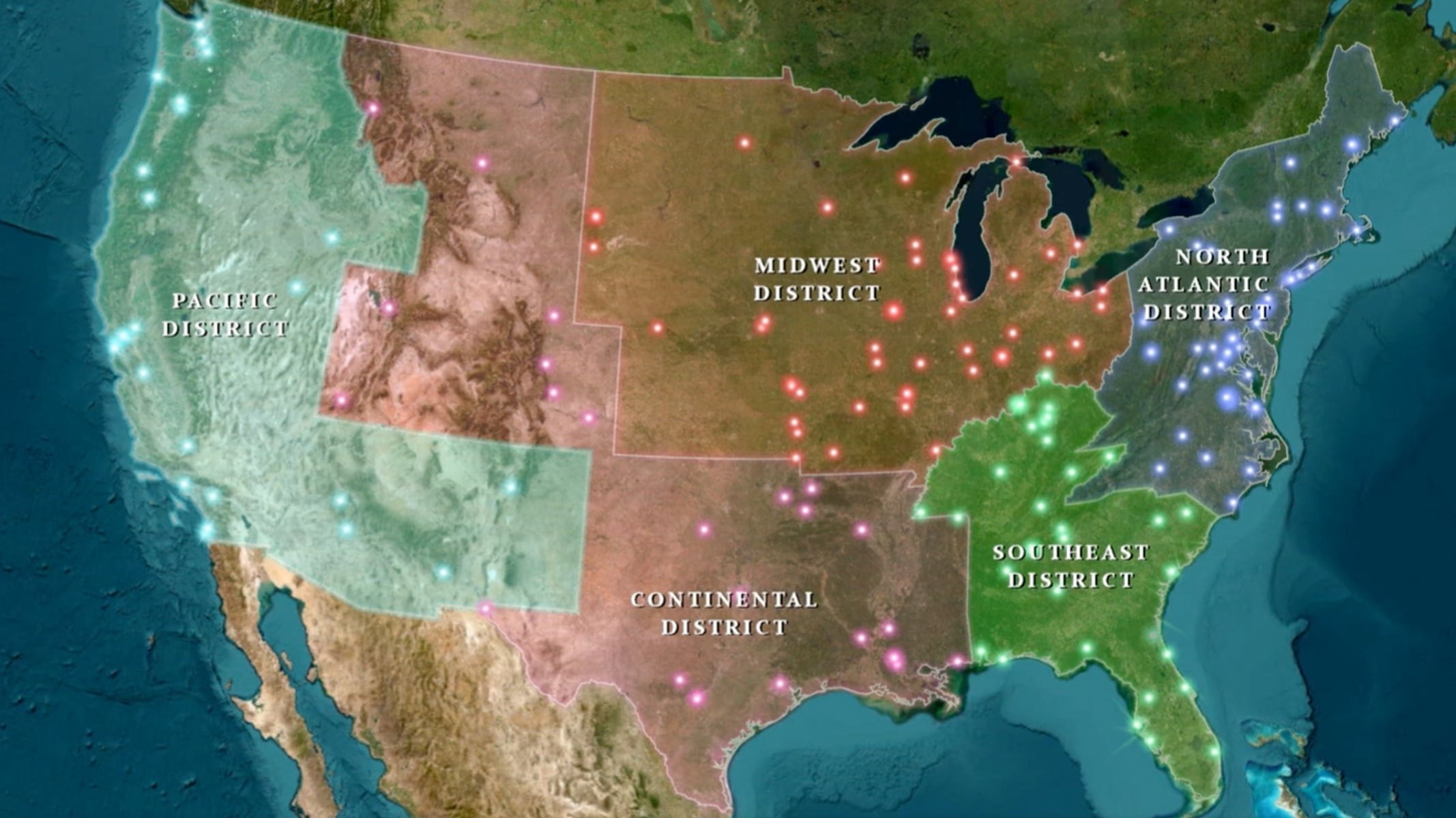 A map of the United States with highlighted regions and location markers across the country