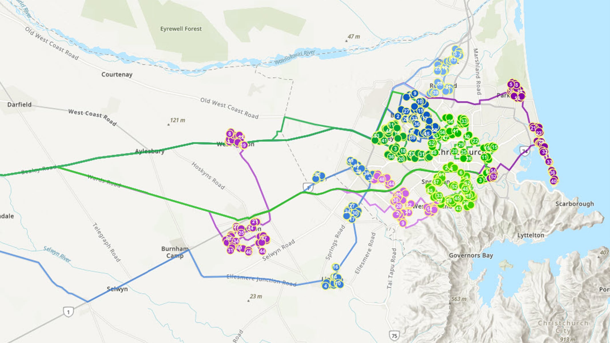 A map with connected locations, routes, and operational assets displayed in different colors