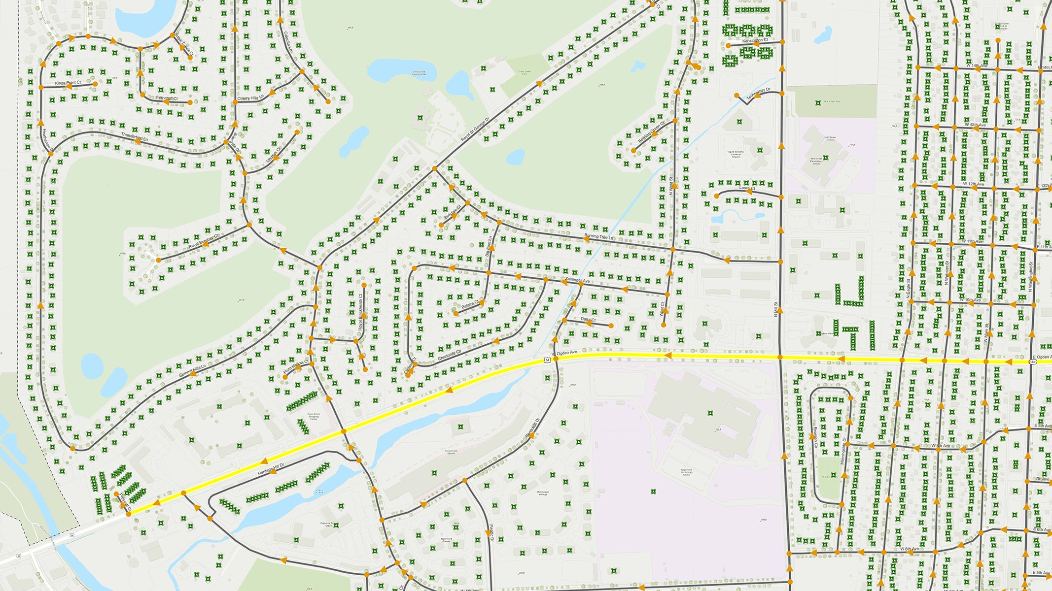 A street map with roads, neighborhoods, and green spaces shown in a GIS dataset