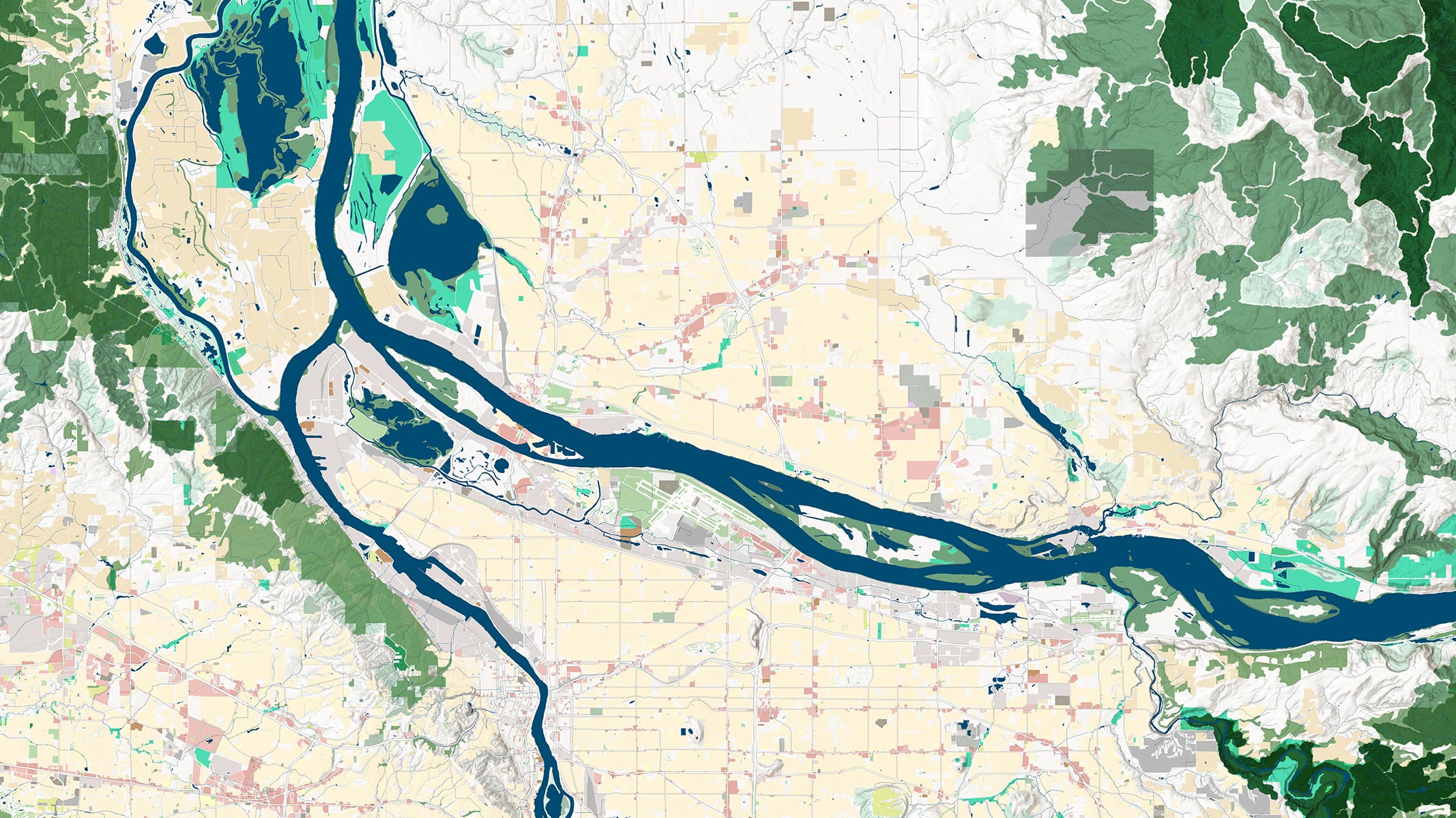 An aerial map showing a river, roads, and green land cover patterns