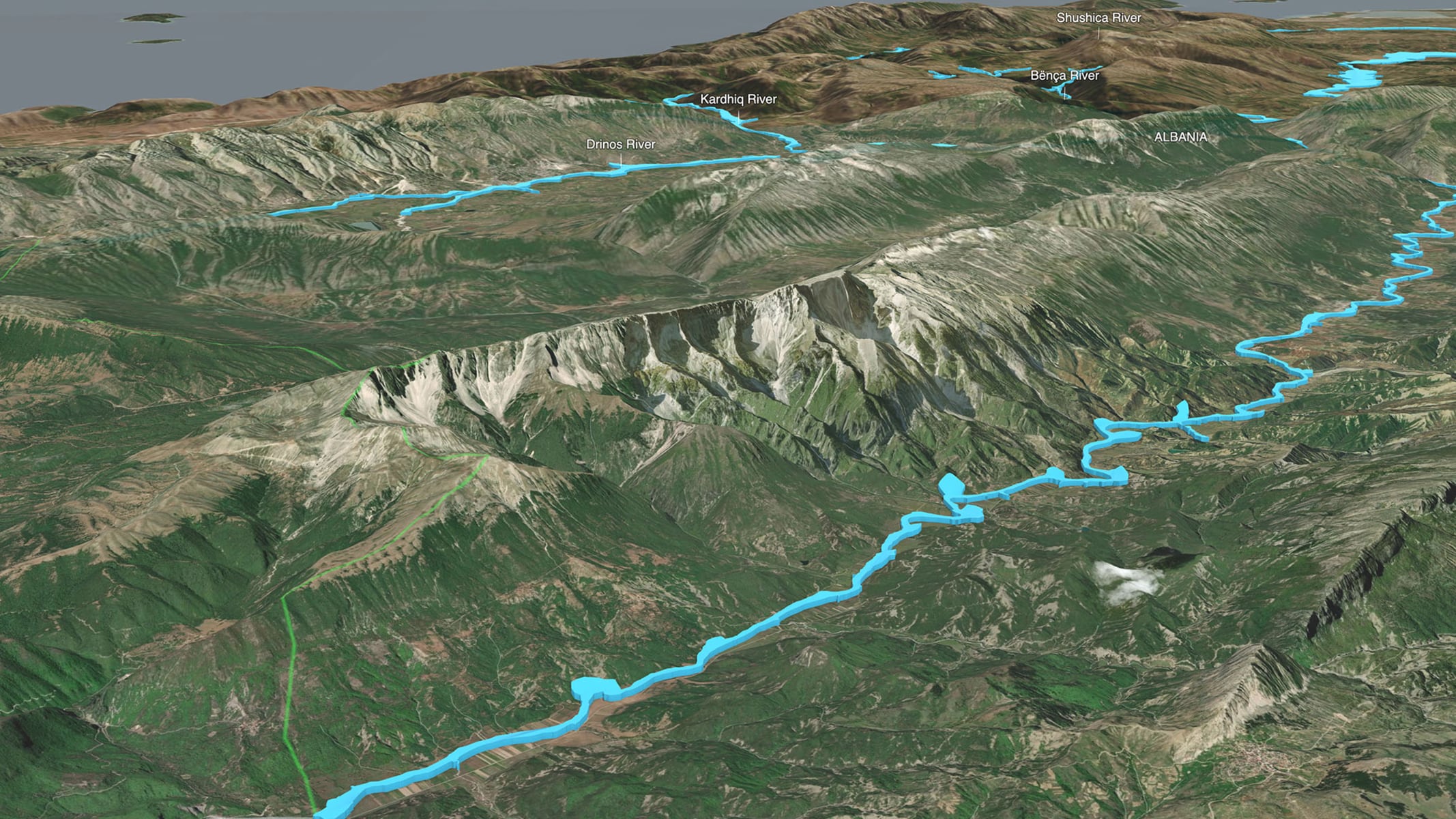 A 3D terrain view with highlighted routes across hills and valleys