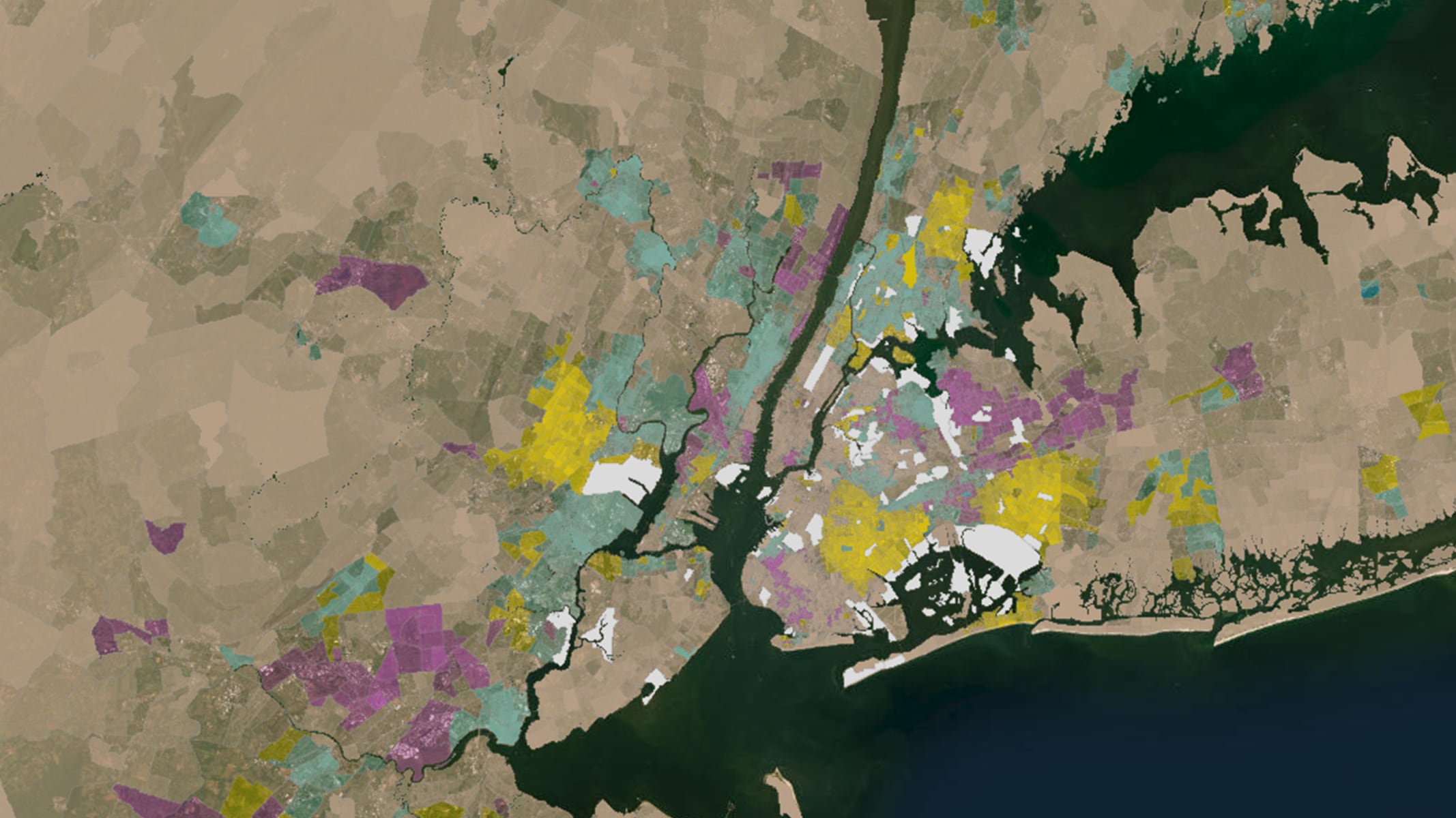 A satellite-style map with land use patterns, waterways, roads, and colored analysis overlays