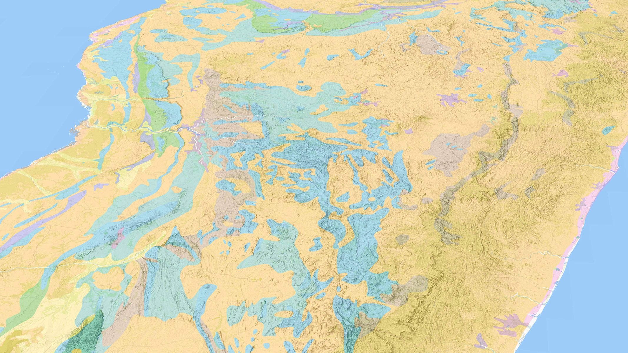 A topographic-style map showing detailed terrain and water features in pastel colors