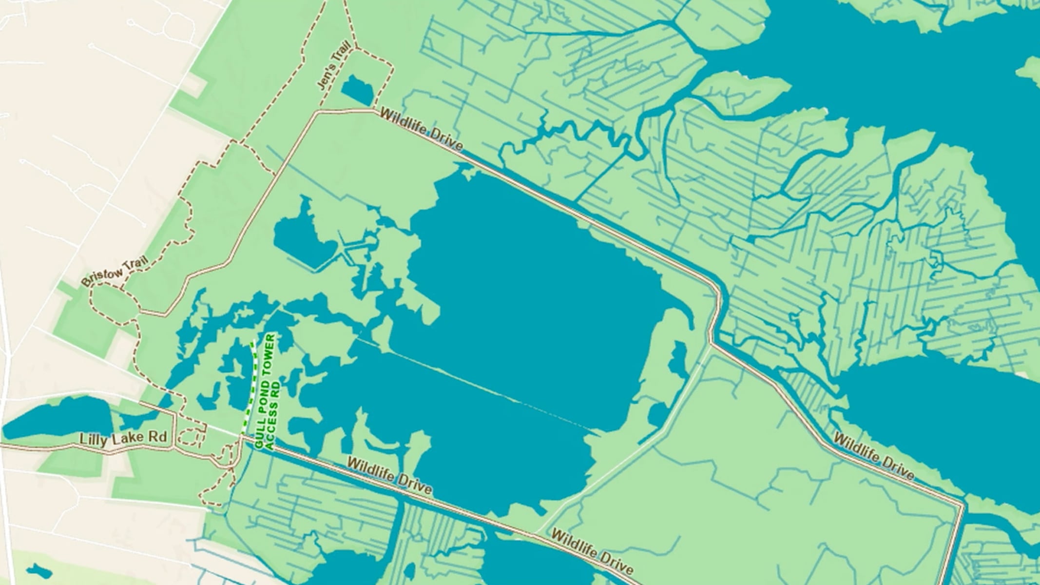 A stylized map of waterways, roads, and neighborhoods in teal and green tones